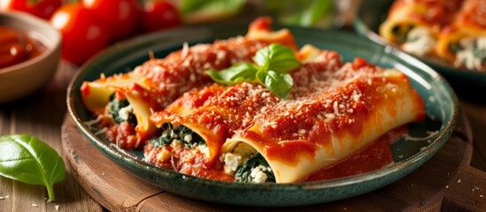 Cannelloni pasta filled with ricotta, spinach, and tomato sauce.