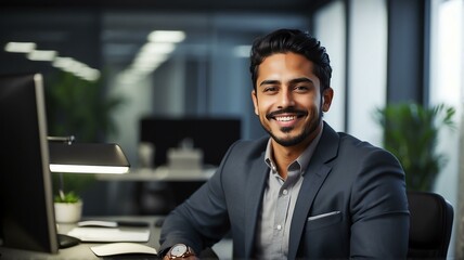 Naklejka premium Young professional hispanic man at office desk smiling to camera from Generative AI