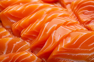 A close up of several slices of salmon sitting on top of each other