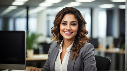 Fototapeta premium Young professional hispanic woman at office desk smiling to camera from Generative AI