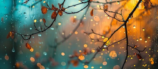 Abstract background of November evening with drops on the window, revealing a wet glass view of autumn branches in the park.