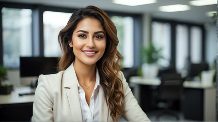 Obraz premium Young professional immigrant woman at office desk smiling to camera from Generative AI