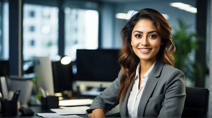 Fototapeta premium Young professional immigrant woman at office desk smiling to camera from Generative AI