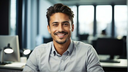 Young professional man at office desk smiling to camera from Generative AI