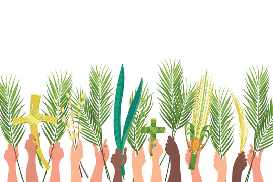 Palm Sunday celebration concept. Customs of different peoples of the world. Hands of people of different nationalities are raised with palm branches, sansevieria and a cross. Vector. Cartoon.
