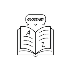 thin line glossary logo like grammar book. concept of text thesaurus with a to z letters and school educate. linear simple modern lineart storytelling logotype graphic design element isolated on white