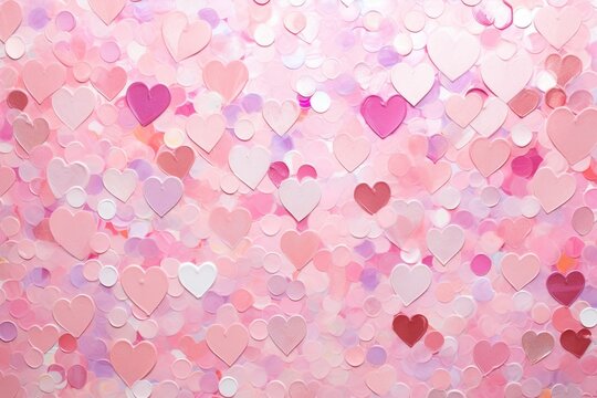 This photo showcases a vibrant pink background adorned with a profusion of hearts in various sizes.