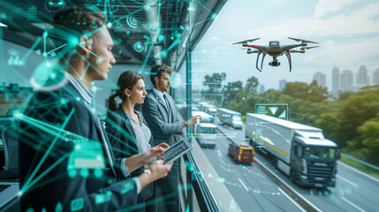 A photo of professionals in advanced logistics management, focused, using digital tablets, near a window overlooking a motorway with trucks and drones.