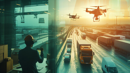 Fototapeta premium A photo of professionals in advanced logistics management, focused, using digital tablets, near a window overlooking a motorway with trucks and drones.