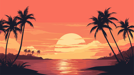 Fototapeta na wymiar Vector illustration of a summer sunset scene blending warm hues silhouettes of palm trees and a serene beach for a visually captivating and tranquil representation. simple minimalist illustration