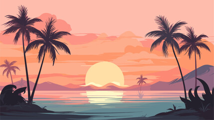 Fototapeta na wymiar Vector illustration of a summer sunset scene blending warm hues silhouettes of palm trees and a serene beach for a visually captivating and tranquil representation. simple minimalist illustration