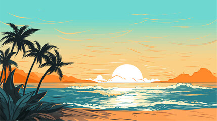 Fototapeta na wymiar Vector art background capturing the essence of summer featuring a vibrant beach scene with golden sands azure waters and palm trees swaying in the warm breeze. simple minimalist illustration