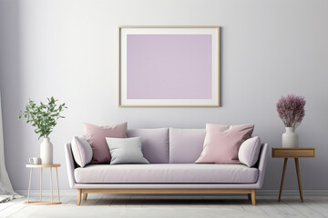 Light-toned Living Room with Scandinavian Sofa, Empty Frames on Wall, and Violet Hues