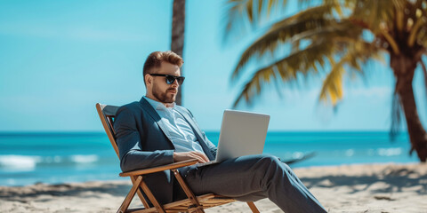 Freelance online remote work freedom concept. Businesslike adult male man using laptop on a tropical luxury beach resort. Mature businessman in suit working on computer on the beach