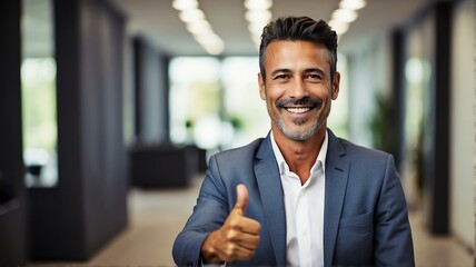 Fototapeta premium Portrait of an executive business manager owner man smiling on the camera and with thumbs up from Generative AI