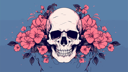 Vector art background featuring an intricately detailed skull surrounded by floral motifs  blending symbolism with aesthetic appeal. simple minimalist illustration creative