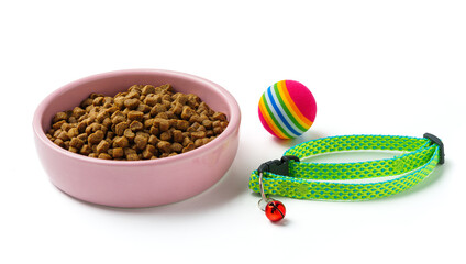 Bowl with dry pet food isolated on white background