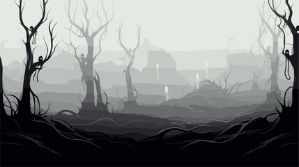 Spooky forest vector art with gnarled trees  mist  and lurking creatures  creating a mysterious and haunting ambiance perfect for Halloween. simple minimalist illustration creative