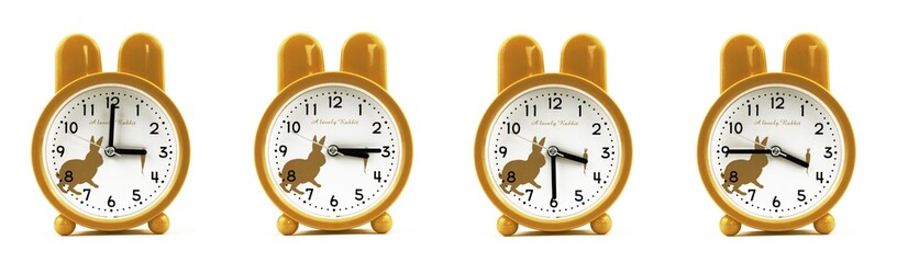 close up of a set of cute brown alarm clocks showing the time; 3, 3.15, 3.30 and 3.45 p.m dan a.m....