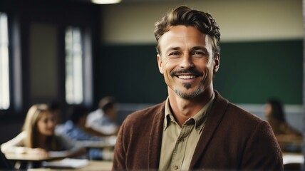 Fototapeta premium Portrait of smiling confident caucasian male teacher in class from Generative AI