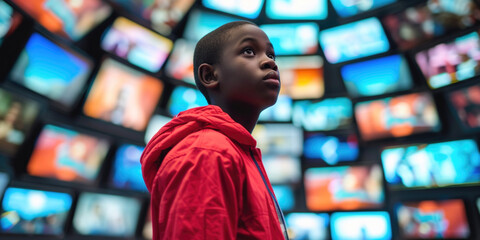African American teenager surrounded with multiple TV screens with channels. Entertainment Trends. Streaming Revolution. Streaming Dominance. New Media Era addiction leisure activity concept