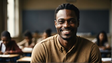 Portrait of smiling confident black african male teacher in class from Generative AI