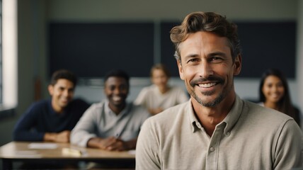 Fototapeta premium Portrait of smiling confident caucasian male teacher in class from Generative AI