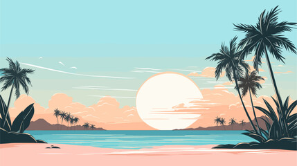 Vector depiction of a tropical sun with palm trees  a sandy beach  and a clear blue sky  creating a visually inviting and warm atmosphere. simple minimalist illustration creative - obrazy, fototapety, plakaty