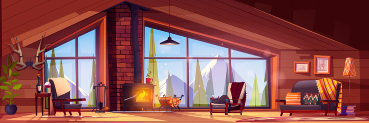 Winter cabin interior - cartoon hotel or rustic chalet cozy living room with fireplace, armchair and table with wine, mountain with snow and spruce trees landscape outside large panoramic window.