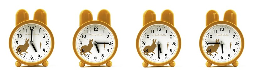 close up of a set of cute brown alarm clocks showing the time; 5, 5.15, 5.30 and 5.45 p.m or a.m. Isolated on white background
 - obrazy, fototapety, plakaty