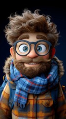 Cheerful Bearded Cartoon Man with Glasses and Blue Scarf