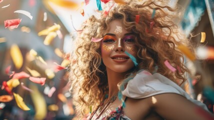 A woman with beautiful, long curly hair stands confidently in front of a vibrant shower of confetti.