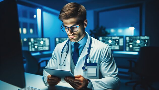 Doctor Analyzing Patient Data on Tablet in Modern Clinic