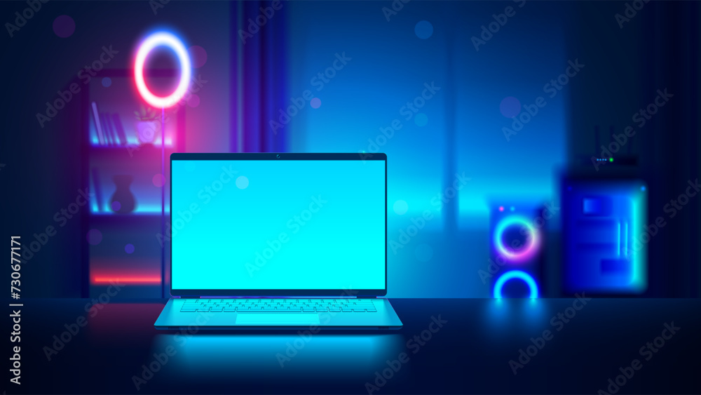 Fototapete Laptop mockup with blank screen in dark blurred room with neon lights. Vector open laptop front view. Gaming laptop on desk against the background of furniture in room. Realistic vector computer