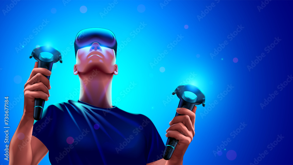 Poster Man in Virtual reality headset and VR controllers in hands. VR metaverse. Virtual reality gamer. Young guy wearing 3d VR headset glasses playing computer video game in metaverse. Virtual reality.