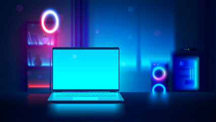 Laptop mockup with blank screen in dark blurred room with neon lights. Vector open laptop front view. Gaming laptop on desk against the background of furniture in room. Realistic vector computer
