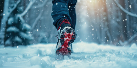 Fototapeta na wymiar Winter exercise fitness lifestyle athlete walking with running shoes on snow in winter on icy sidewalks. Run outside doing sport in cold any weather healthy lifestyle keep moving concept