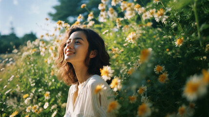 花畑で微笑む美しい女性