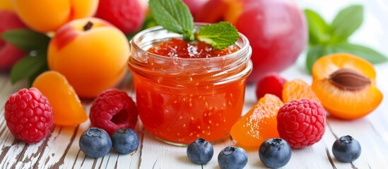 Closeup of fresh fruits and a jar of apricot jam on a white wooden table.