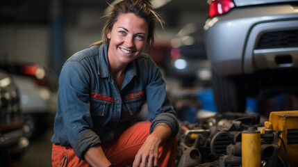 Female auto mechanic or foreman is repairing and maintaining automobiles in a auto repair shop