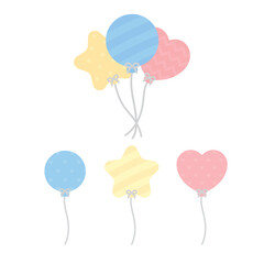 Set of cute pastel pink, blue and yellow patterned balloons illustration. Baby and kids party decoration.	