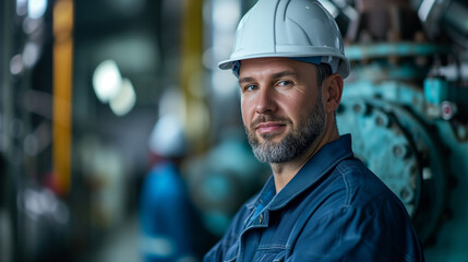 Maintenance technician on the job inside a factory floor. Portrait of hard working men.