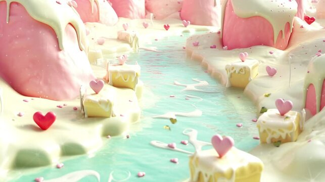 Enchanted Delights: Oily Milky White Ice Cream River and Cheese Blocks, Imagined by Generative AI