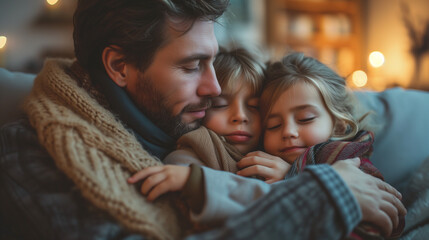 Dad hugging and comforting his two daughters. Parental embrace of kids during tough times.