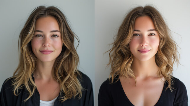 Hair transformation. Woman before and after hair color treatment.