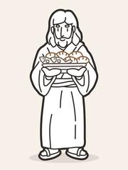 Jesus Holds Five Loaves and Two Fish Cartoon Graphic Vector