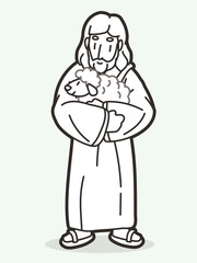 Jesus Carries a Lamb Hugged in an Embrace He is a Good Shepherd Cartoon Graphic Vector