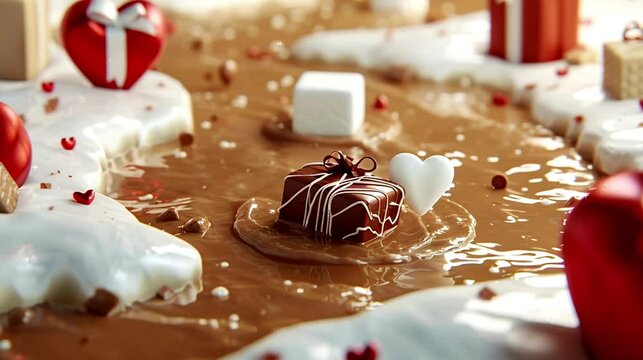 In Fantasy Land: A River of Chocolate Ice Cream Flows, Adorned with Love Gift Boxes and Chocolate Blocks, and White Chocolate Blocks on the River Bank, Crafted by Generative AI
