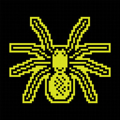 Pixel silhouette icon. Eight legged poisonous spider. Dangerous insect pests. Simple black and yellow vector isolated