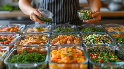 Naklejka premium Meal prep in glass containers. Proteins, greens and more healthy options.